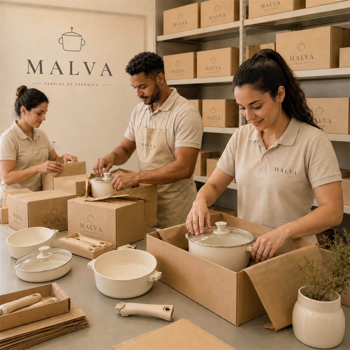 Equipe MALVA embalando os pedidos